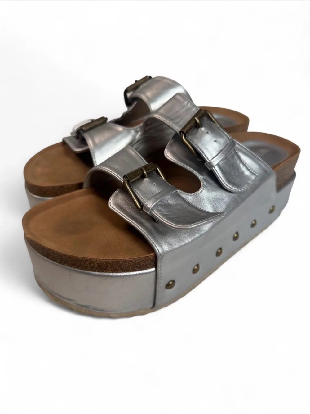 Silver & Cork Platform Buckle Slides